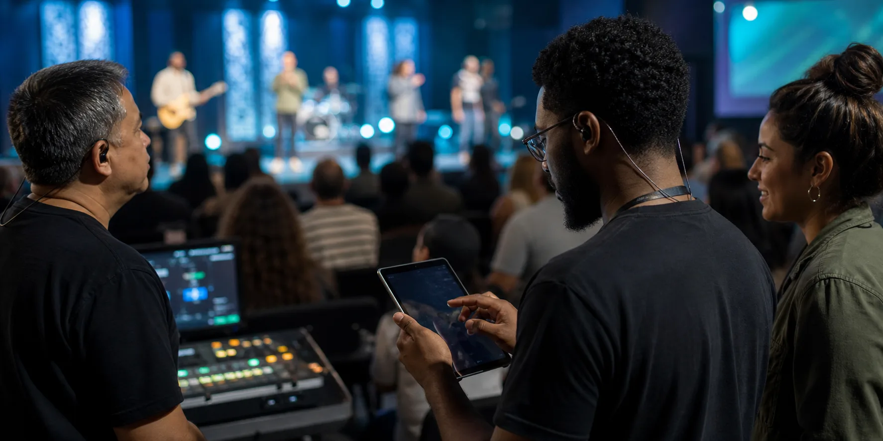 Remote volunteers using a tablet near a church production desk